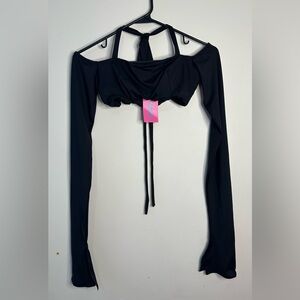 Edikted Black Long Sleeve Off The Shoulder Halter Crop Top Size Small NWT